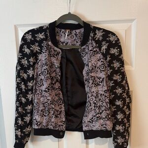 Free People Black Bomber Jacket with Light Purple Floral Panels